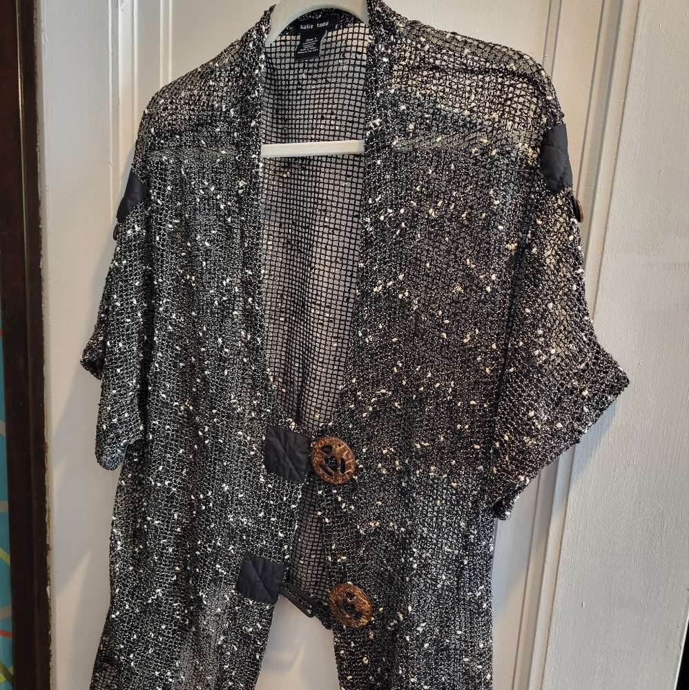 Katie Todd Crochet Cardigan Woman's Large Gray with black and white flecks